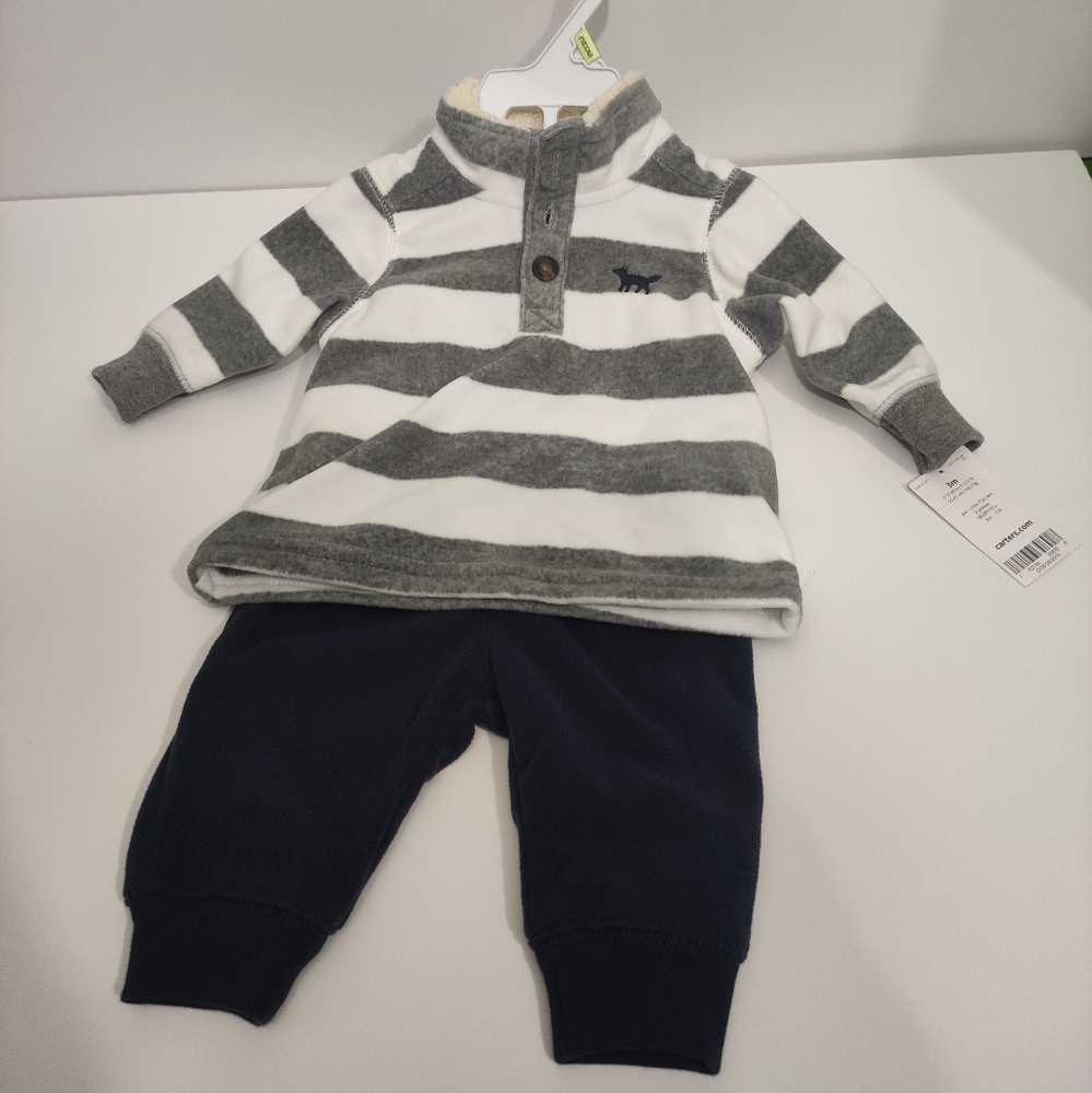 Carters Toddler Boy's cozy fleece pullover Set Gray Navy Blue Size 3 Month.